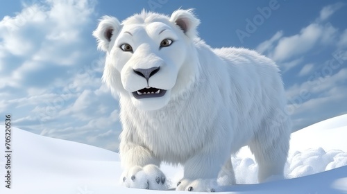 3D rendering of a angry white lion sitting in the snow with blue sky background