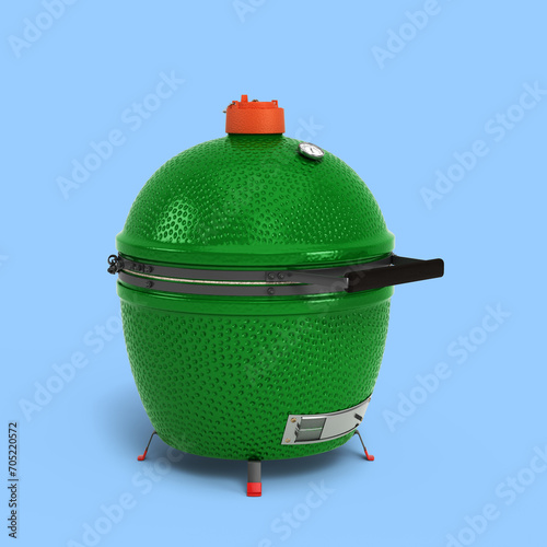 Small barbecue green color BBQ grill for outdoor prepare meat food 3d render on blue