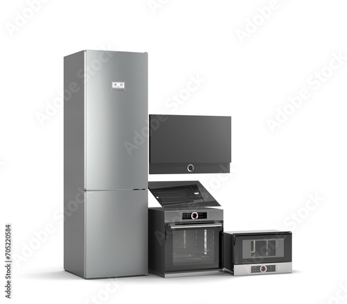 Modern built in kitchen appliances set 3d render on white background