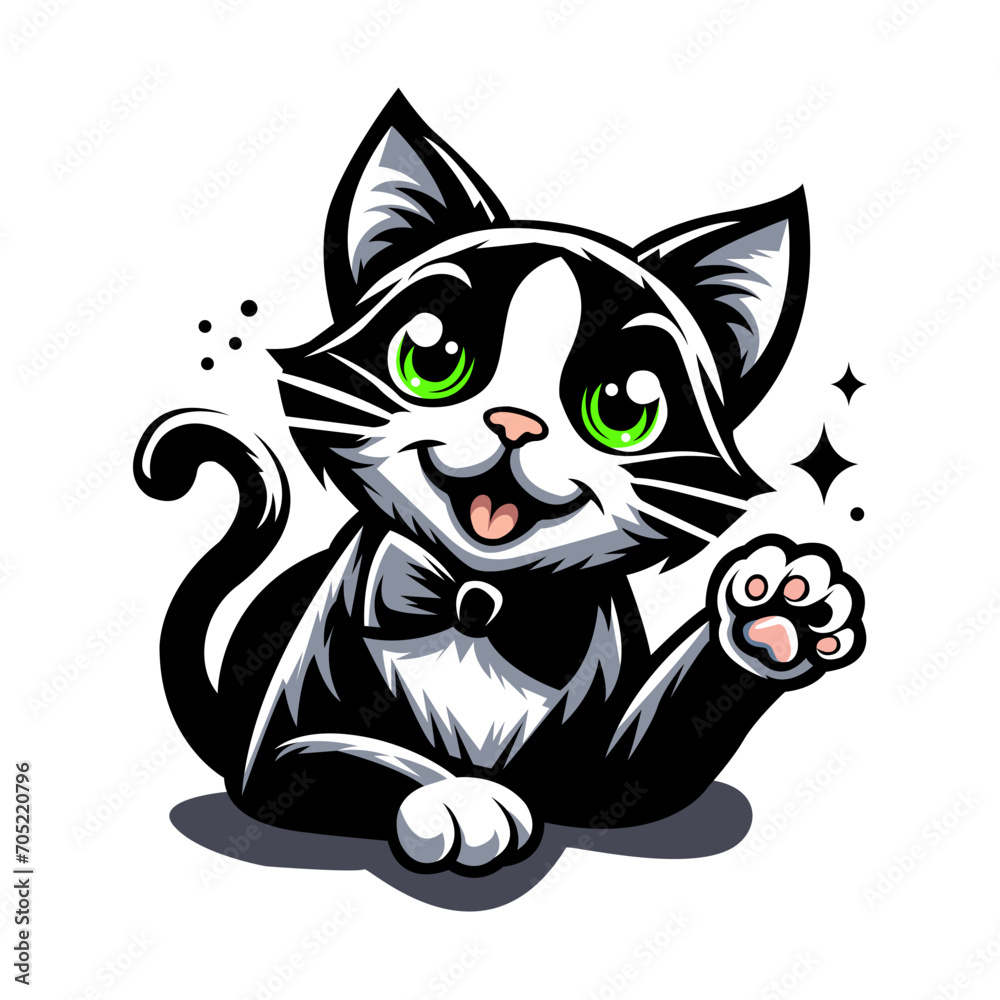 Logo illustration of a half-body cat with one arm waving Logo illustration of a half-body cat with one arm waving