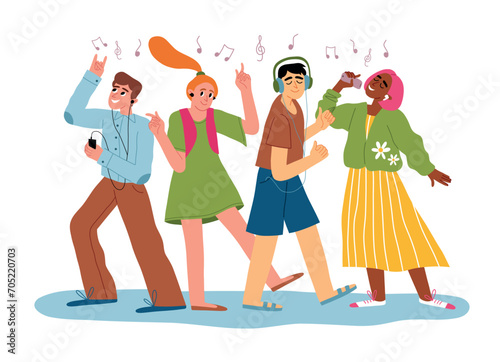 Youth music listening. Smartphone party, friends group dance, young people with gadgets, guys and girls with earphones, vector illustration.eps