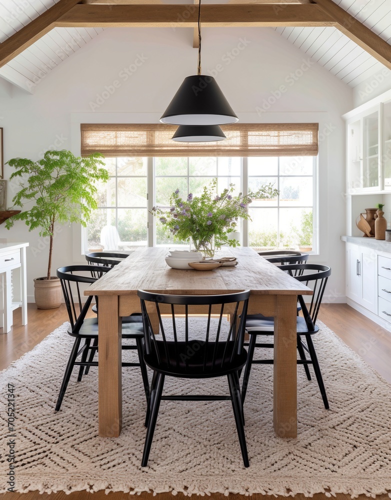 Black spindle back chairs with a wood table and white walls Black spindle back chairs with a wood table and white walls