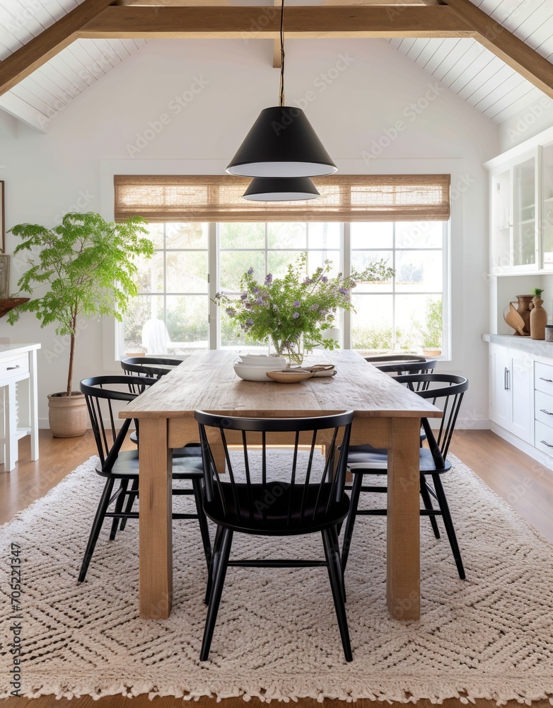 Black spindle back chairs with a wood table and white walls