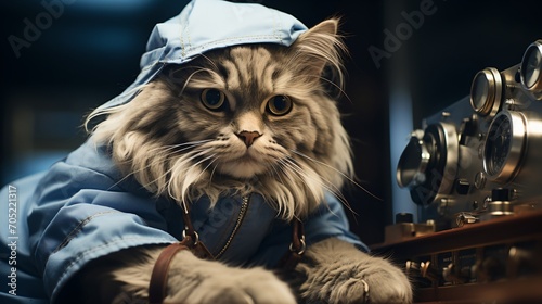 A grey cat wearing a blue jumpsuit and hat is sitting in front of a control panel.