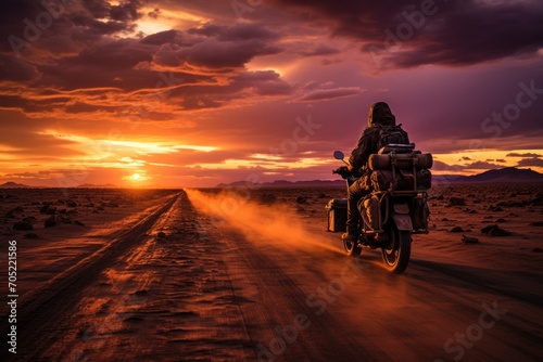 Lonely motorcyclist traveling golden dunes at sunset in the desert., generative IA
