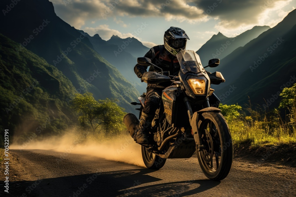 Motorcyclist accelerates on mountainous panoramic road., generative IA