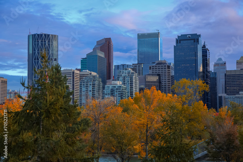 Calgary city skyline during autumn time under twilight.