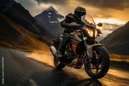 Motorcyclist accelerates on mountainous panoramic road.  generative IA