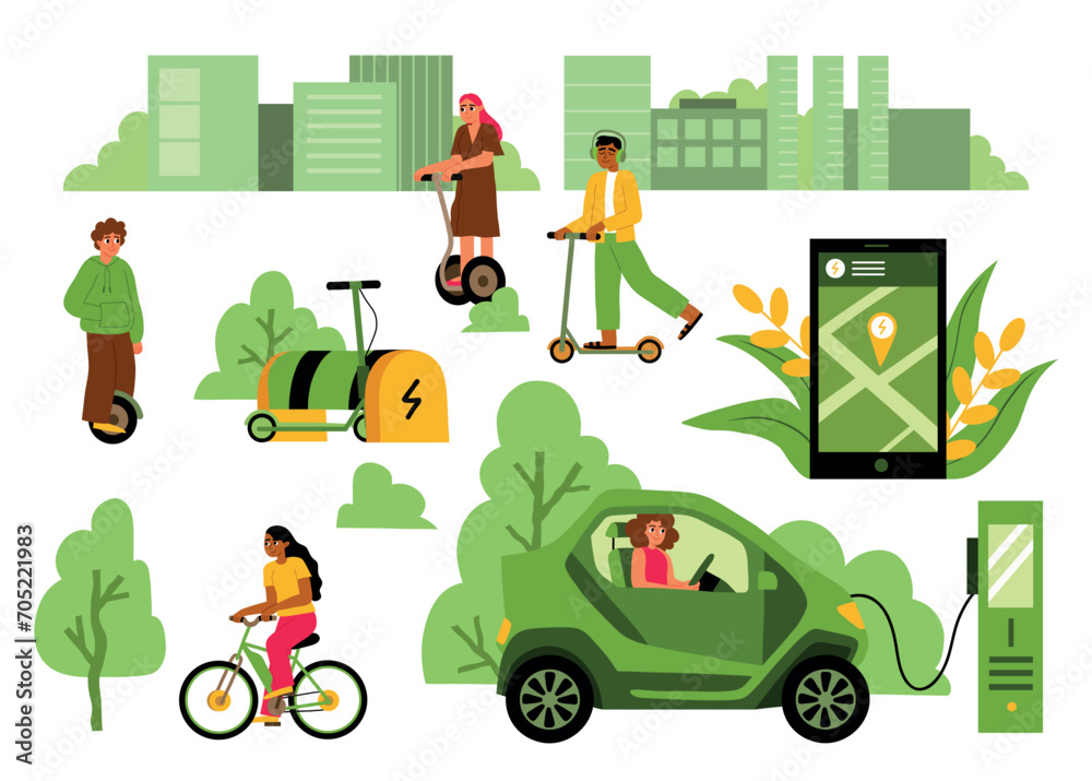 Ecological city transport. Funny people drive electric car, scooters, and monowheel, cartoon citizens characters, car charging, vector set.eps Ecological city transport. Funny people drive electric car, scooters, and monowheel, cartoon citizens characters, car charging, vector set.eps