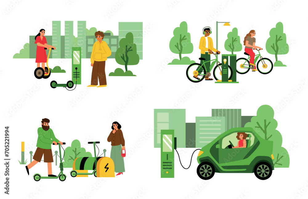 Fototapeta premium Citizens drive ecological transport. Personal electric vehicles, urban lifestyle scenes, charging scooters, cars and bicycles, vector set.eps