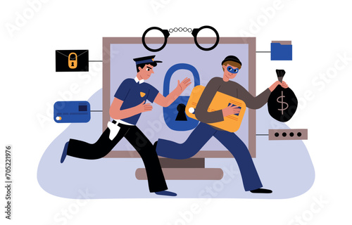 Cartoon policeman is chasing hacker. Desktop computer, digital data protection, internet security, thief and burglar, vector illustration.eps