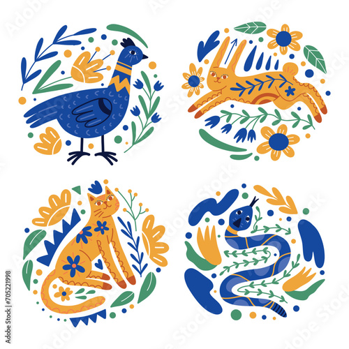 Decorative patterned emblems. Animals silhouettes with flowers, bird, hare, cat and snake, beautiful creatures, round labels, vector set.eps