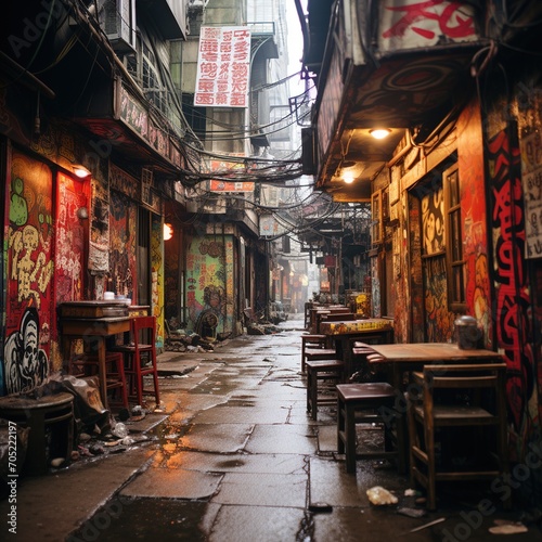 A wet alleyway in a Chinese city with graffiti on the walls and traditional Chinese characters on the signs