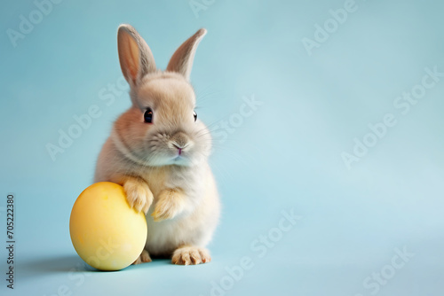 Cute adorable Easter bunny holding yellow egg on blue background, generative ai © Diana Vyshniakova