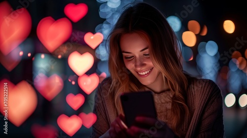Young woman using phone at night for online dating or texting message to lover with heart shape bokeh on background photo