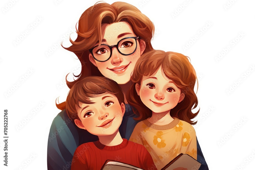 Illustration of a mother in glasses holding a child on a white background. Mother's Day concept. Illustration of a mother in glasses holding a child on a white background. Mother's Day concept.