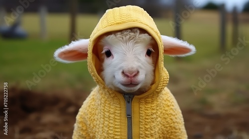 Cute little lamb wearing a yellow woolen hat and scarf.