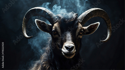horned goat on black background photo