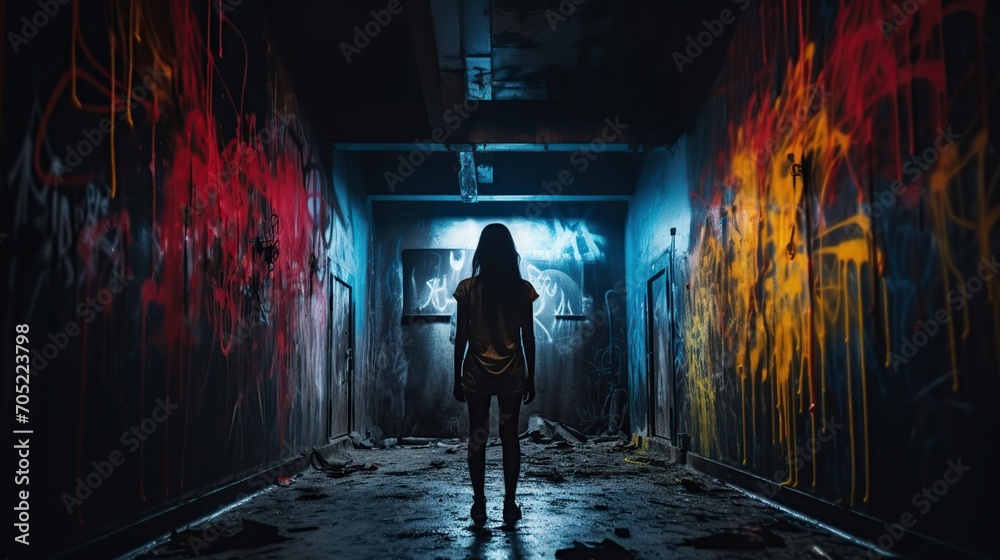 girl walks away alone down a dark hallway