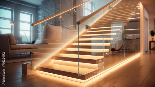 A light birch staircase with sleek glass railings, discreetly lit by LED strips under the handrails, in a bright, modern home.