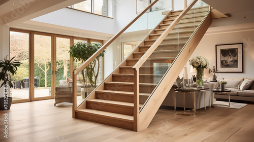 A light oak staircase with clear glass balustrades  forming a stunning centerpiece in a bright  spacious room.