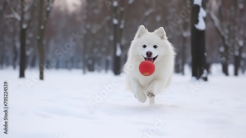 White Samoyed dog running in the snow with a red tennis ball