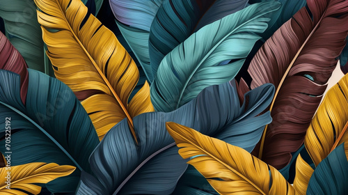 Tropical seamless pattern with beautiful palm, banana leaves. Hand-drawn vintage 3D illustration. Glamorous exotic abstract background design. Luxury design for wallpaper, napkins etc. Background