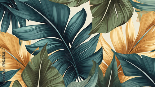 Tropical seamless pattern with beautiful palm, banana leaves. Hand-drawn vintage 3D illustration. Glamorous exotic abstract background design. Luxury design for wallpaper, napkins etc. Background