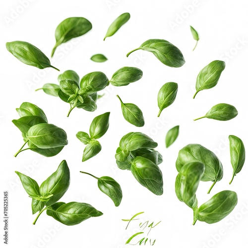 Green basil leaves falling from top to bottom isolated on white background close-up.