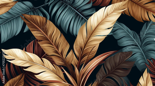 Tropical seamless pattern with beautiful palm  banana leaves. Hand-drawn vintage 3D illustration. Glamorous exotic abstract background design. Luxury design for wallpaper  napkins etc. Background