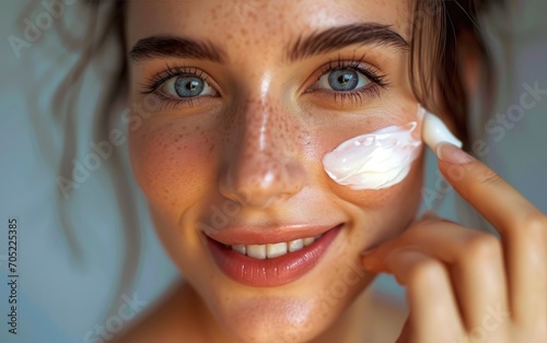 Beautiful smiling young woman spreads anti-aging cream on her face