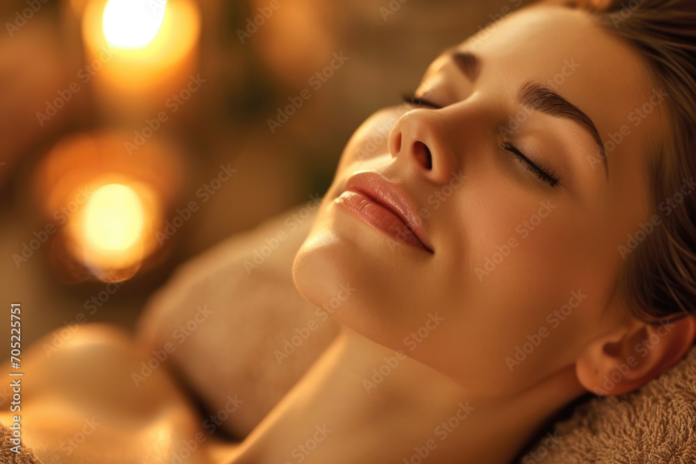 Fototapeta premium Girl relaxing in a spa with candles burning next to the pool