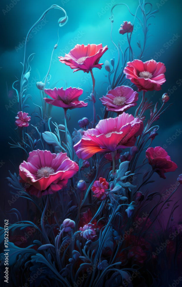 Obraz premium Futuristic colorful flowers as background. Surreal nature concept