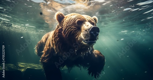 Grizzly bear swimming underwater in the ocean. 3d rendering