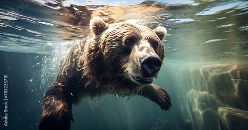 Close-up portrait of a brown bear swimming underwater in the ocean