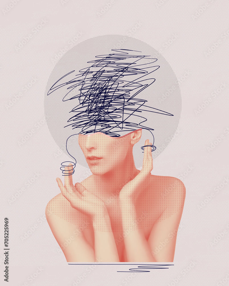Abstract human brain, drawn style. Creative idea symbol, art design or collage. Mental Health concept