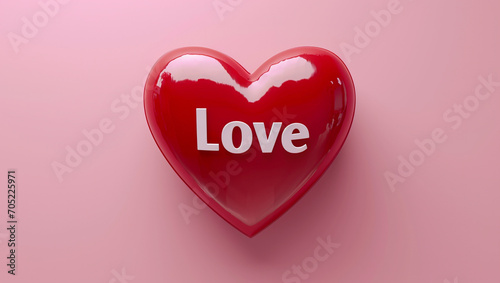 Red heart with the text Love on pink background. It is a symbol of lovers and human health. Valentine's Day. 3D render, computer graphic.