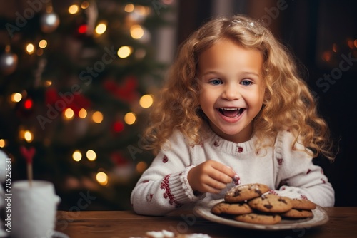 funny little girl eating cookies at Christmas