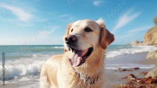Golden Retriever dog on the beach in a sunny day.