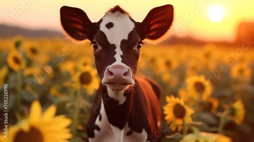 Cute cow on sunflower field at sunset, close-up