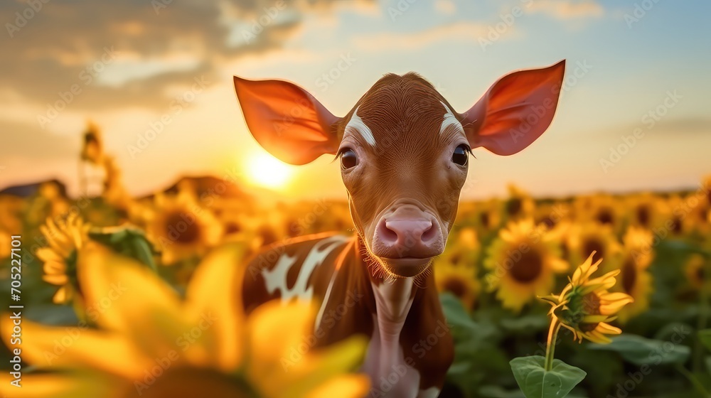 Cute cow on sunflower field at sunset, close-up - obrazy, fototapety, plakaty 