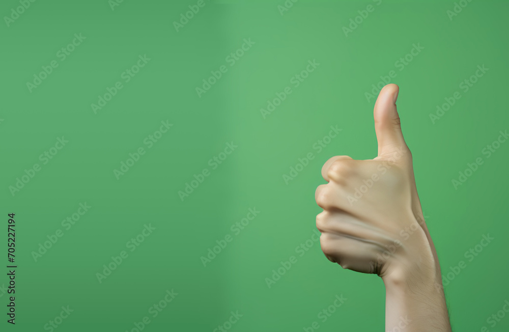 Closeup of male hand showing thumbs up sign against green background with copy space Closeup of male hand showing thumbs up sign against green background with copy space