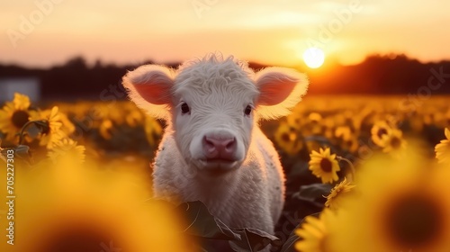 Cute white calf in sunflower field at sunset, closeup