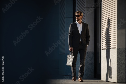 Elegant handsome man in classic suit standing near the office building. © opolja