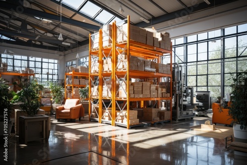 Modern Warehouse: High shelves, motion forklifts., generative IA