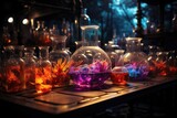 Vibrant laboratory producing colored pigments in rehearsal tubes and full shelves., generative IA