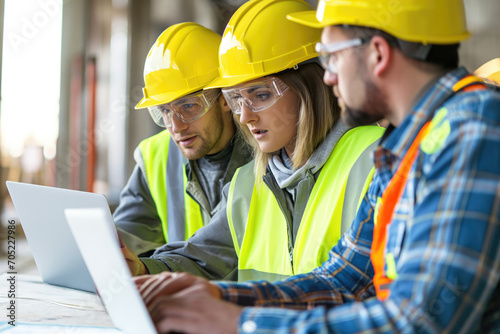 Portrait of a young team in helmets from signal waistcoats on a construction site with laptops, engineers photo
