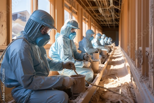 Workers apply thermal and acoustic insulation in imposing buildings., generative IA