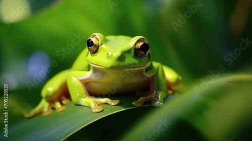 Green tree frog sitting on a green leaf in the rainforest. close-up view