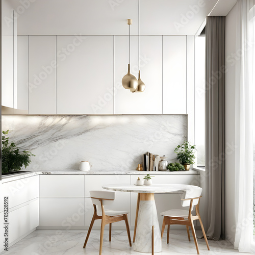 White and marble kitchen corner with table